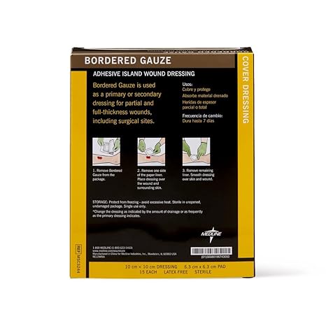 Medline Bordered Gauze, 4" x 4" Adhesive Island Wound Dressing, Sterile, 15 Count