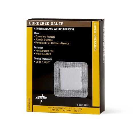 Medline Bordered Gauze, 4" x 4" Adhesive Island Wound Dressing, Sterile, 15 Count